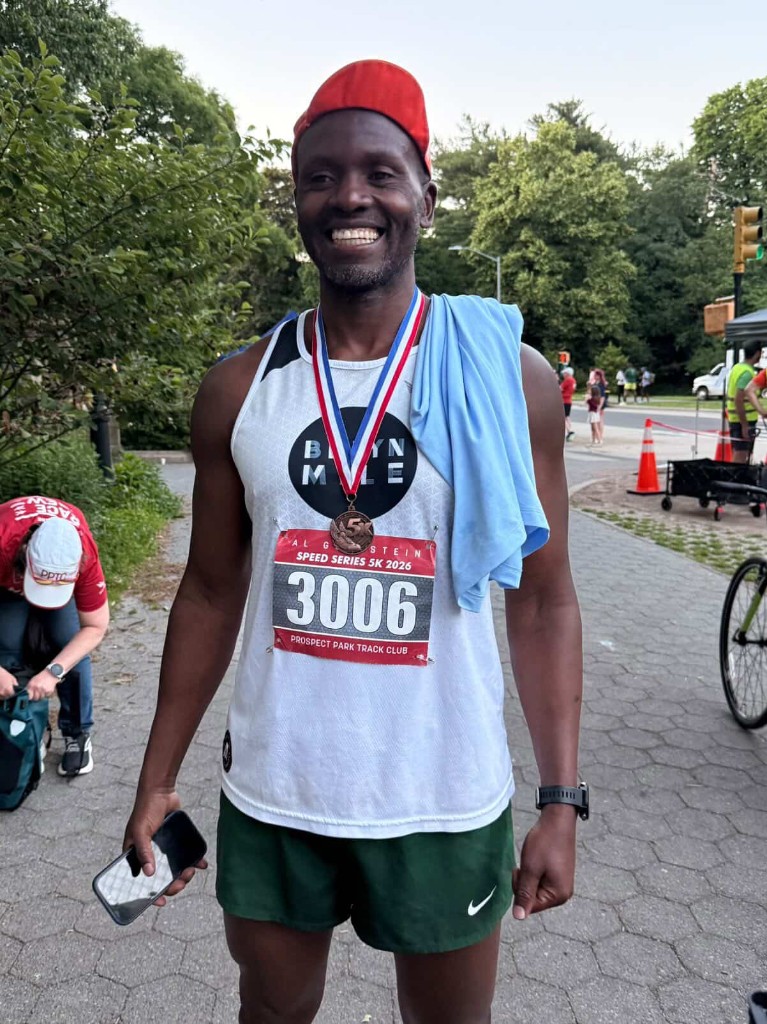 Patrick Ssenjovu after a Brooklyn race